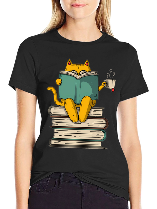 Bookish Cat T-Shirt: Reader Kitty with Tea