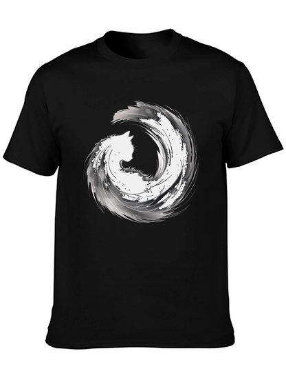 Abstract Cat Wave Graphic Tee - Black