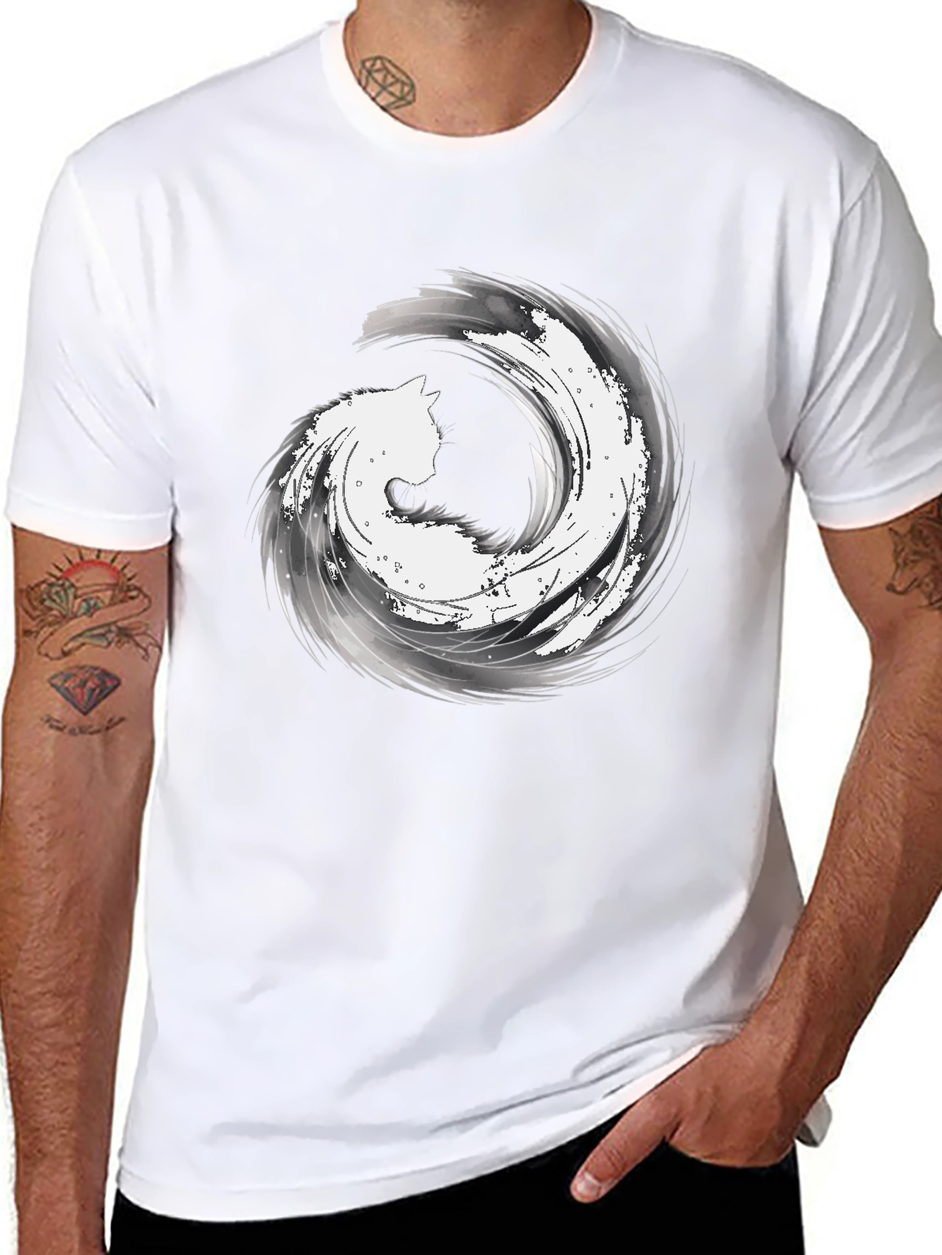 Abstract Cat Wave Graphic Tee - Black