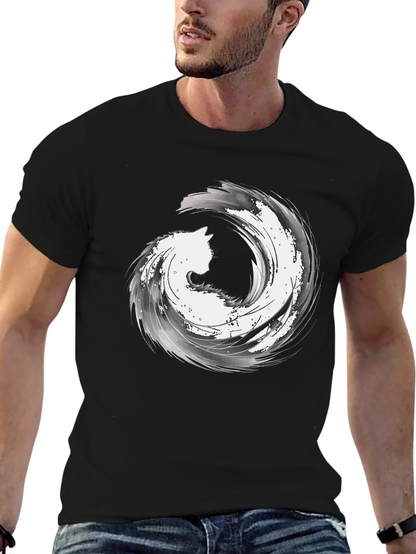 Abstract Cat Wave Graphic Tee - Black