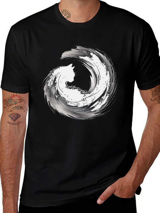 Abstract Cat Wave Graphic Tee - Black