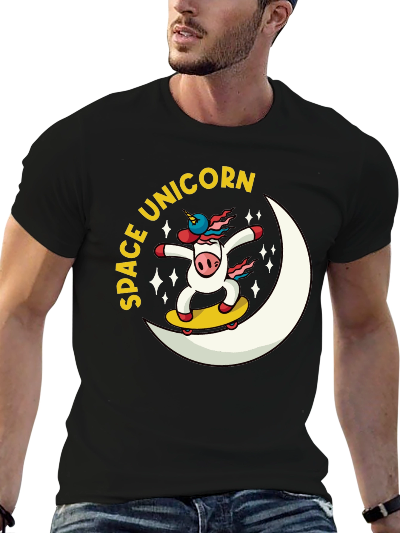 Space Unicorn Skateboard Black T-Shirt