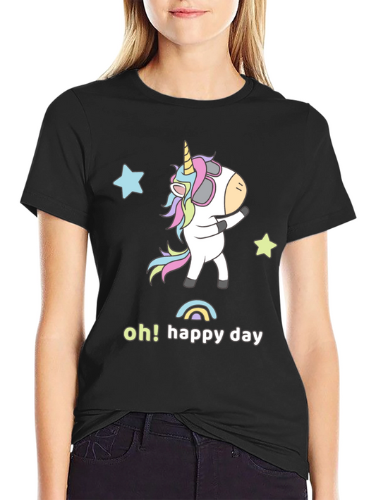 Unicorn Oh Happy Day Black Graphic T-Shirt