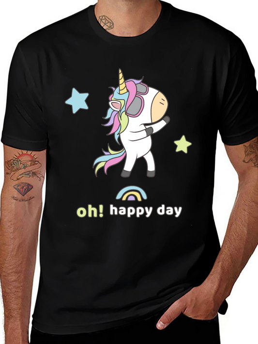 Unicorn Oh Happy Day Black Graphic T-Shirt