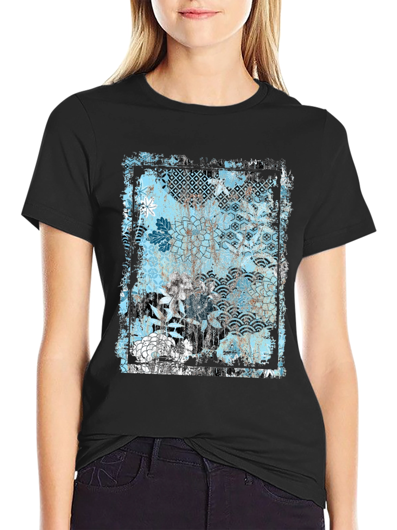 Trendy Floral Graphic Print Black T-Shirt