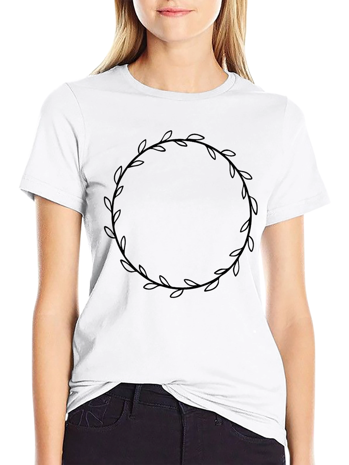 Stylish Black T-Shirt with Leaf Wreath Design