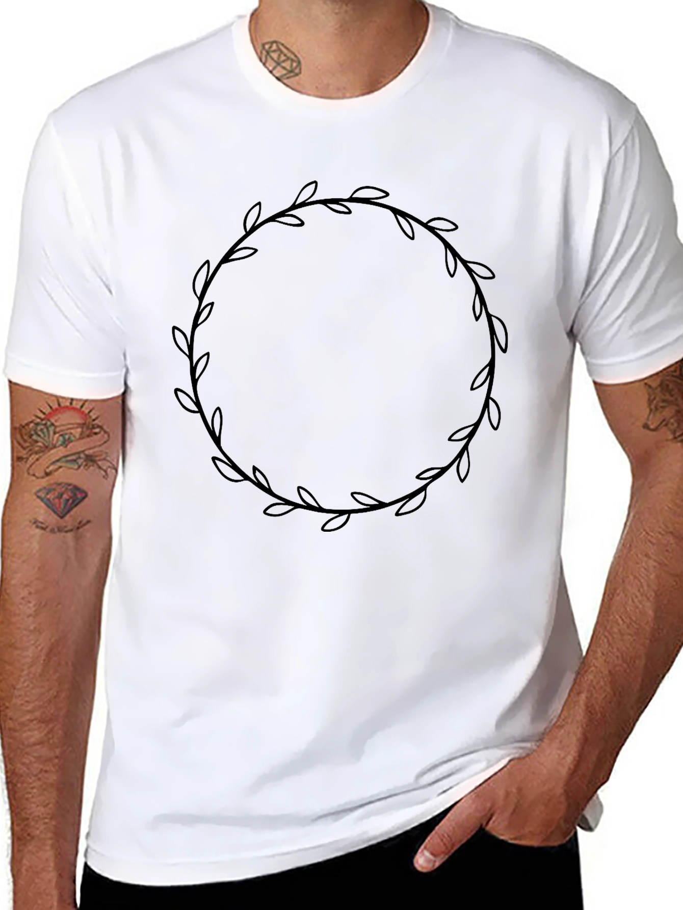 Stylish Black T-Shirt with Leaf Wreath Design