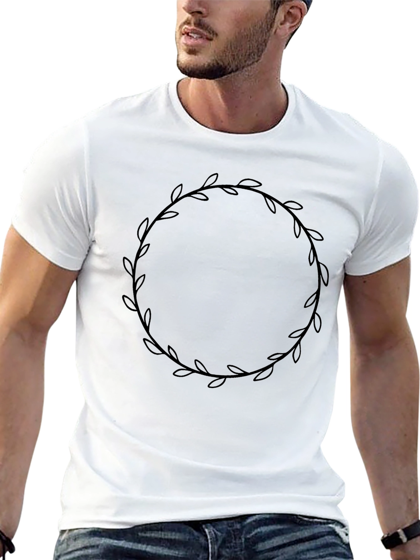Stylish Black T-Shirt with Leaf Wreath Design