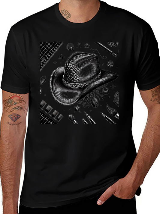 Artistic Cowboy Hat Graphic Tee - Black