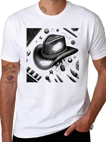 Artistic Cowboy Hat Graphic Tee - Black
