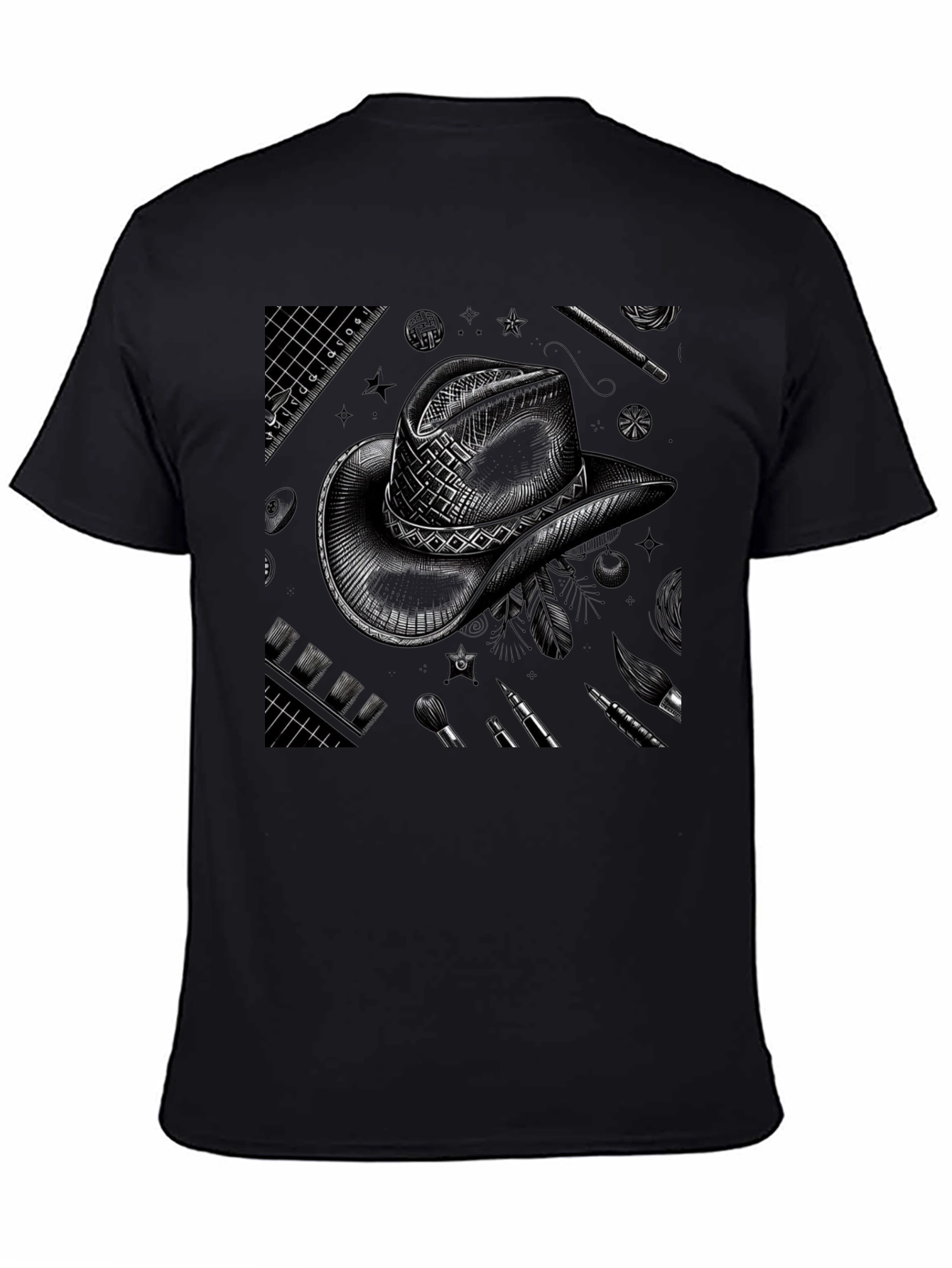 Artistic Cowboy Hat Graphic Tee - Black