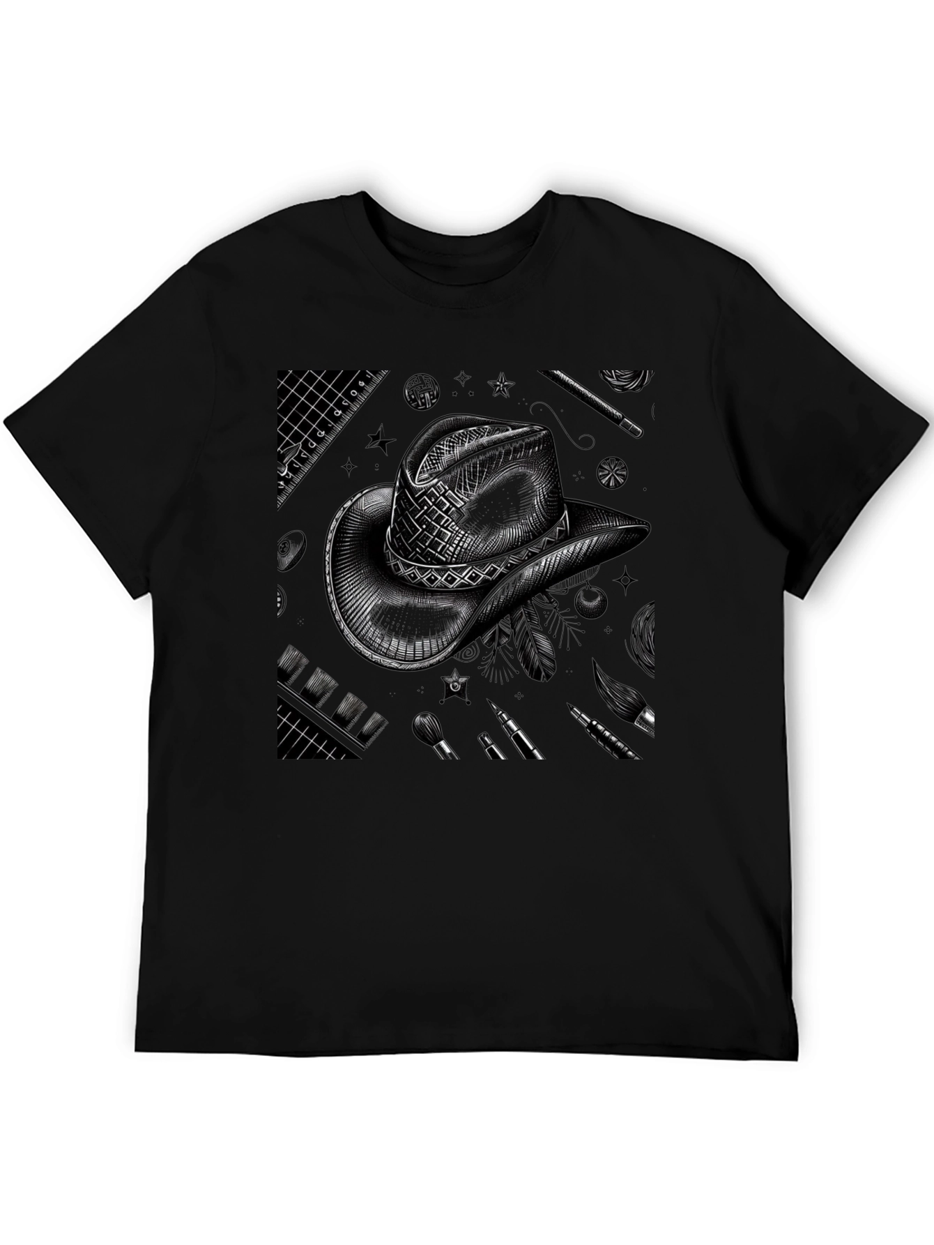 Artistic Cowboy Hat Graphic Tee - Black