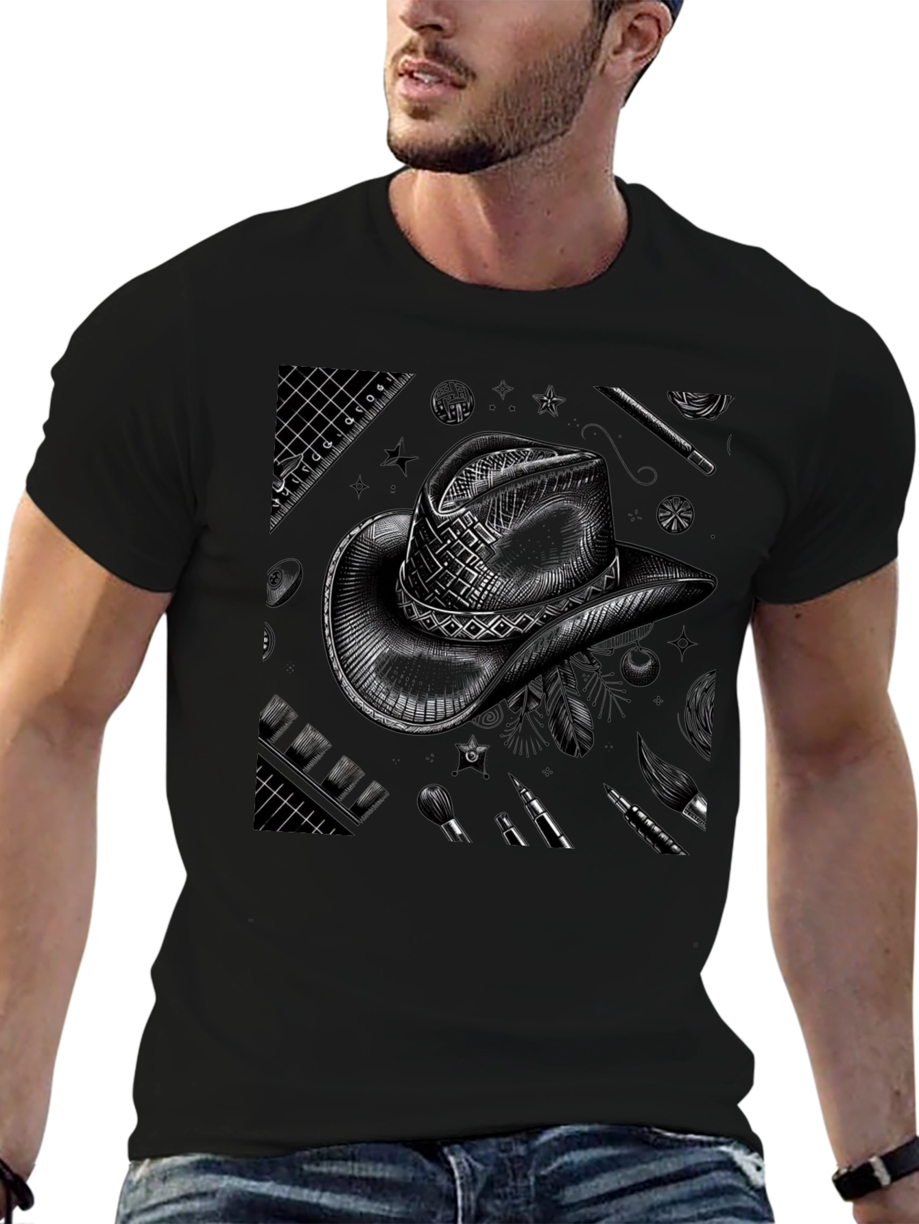Artistic Cowboy Hat Graphic Tee - Black