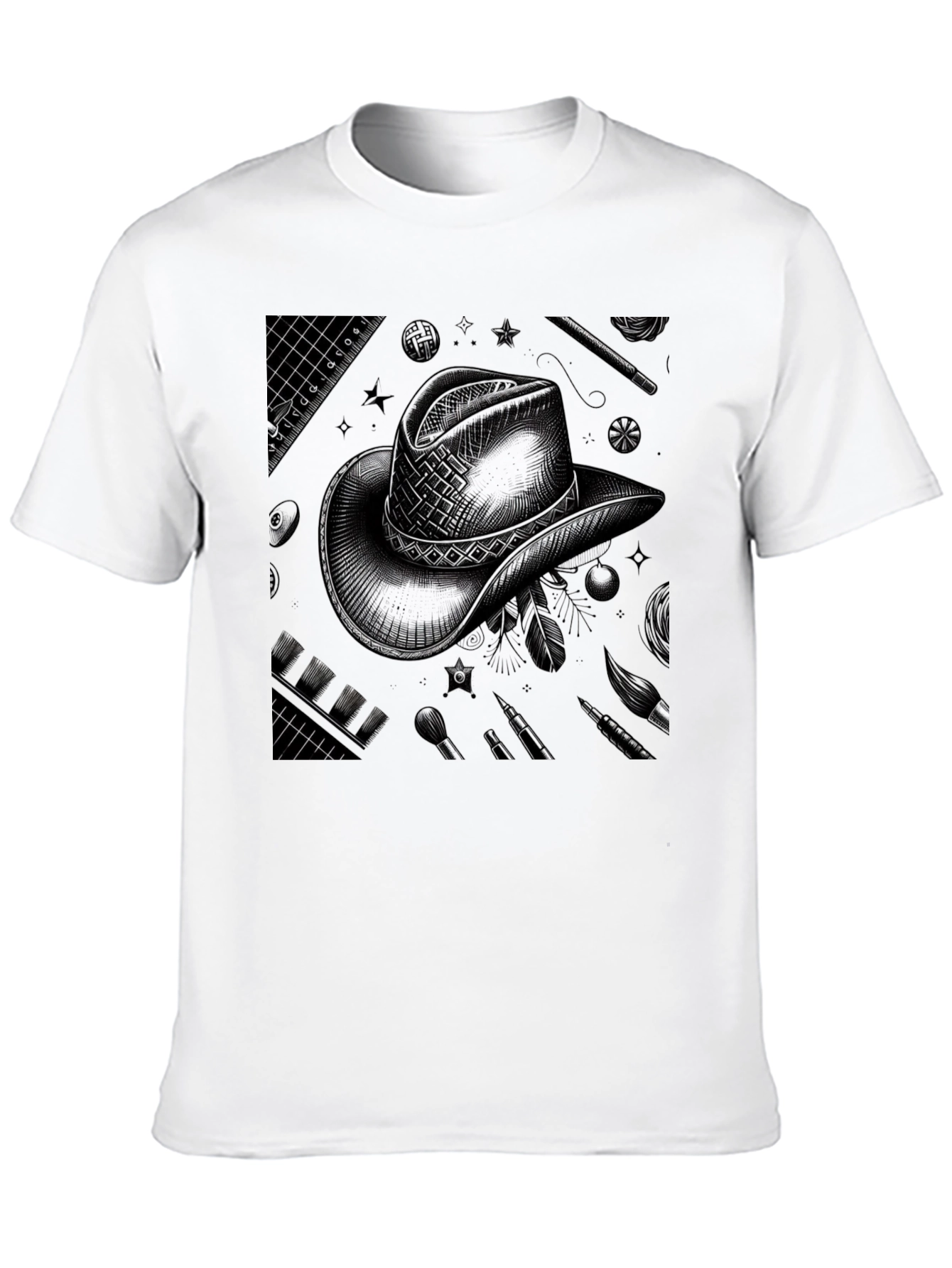 Artistic Cowboy Hat Graphic Tee - Black