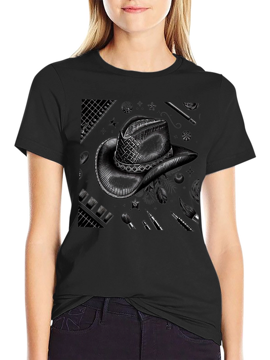 Artistic Cowboy Hat Graphic Tee - Black