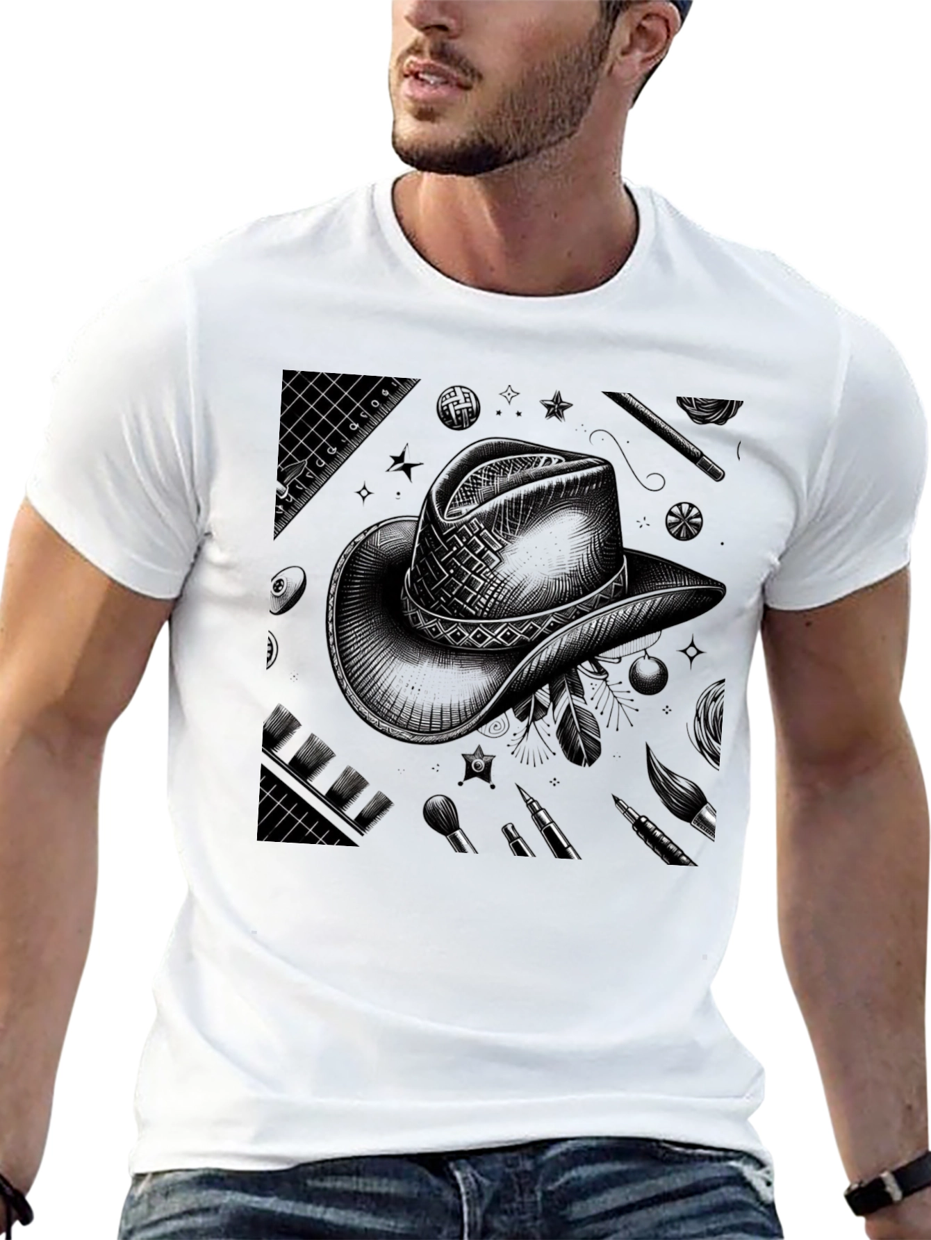 Artistic Cowboy Hat Graphic Tee - Black