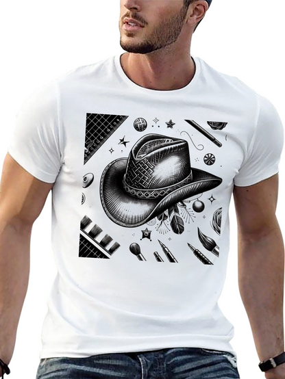 Artistic Cowboy Hat Graphic Tee - Black