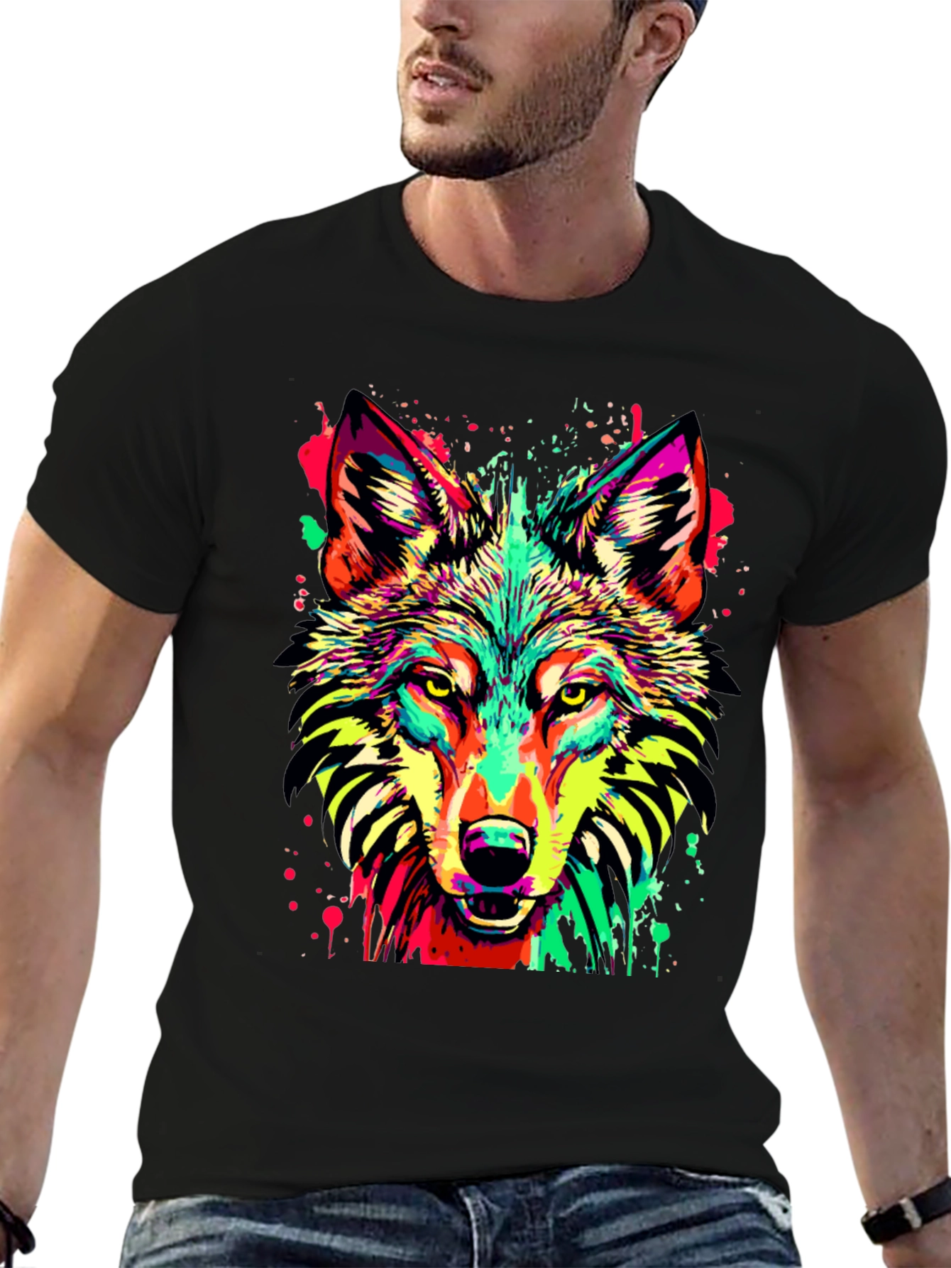 Vibrant Wolf Graphic Print Black T-Shirt