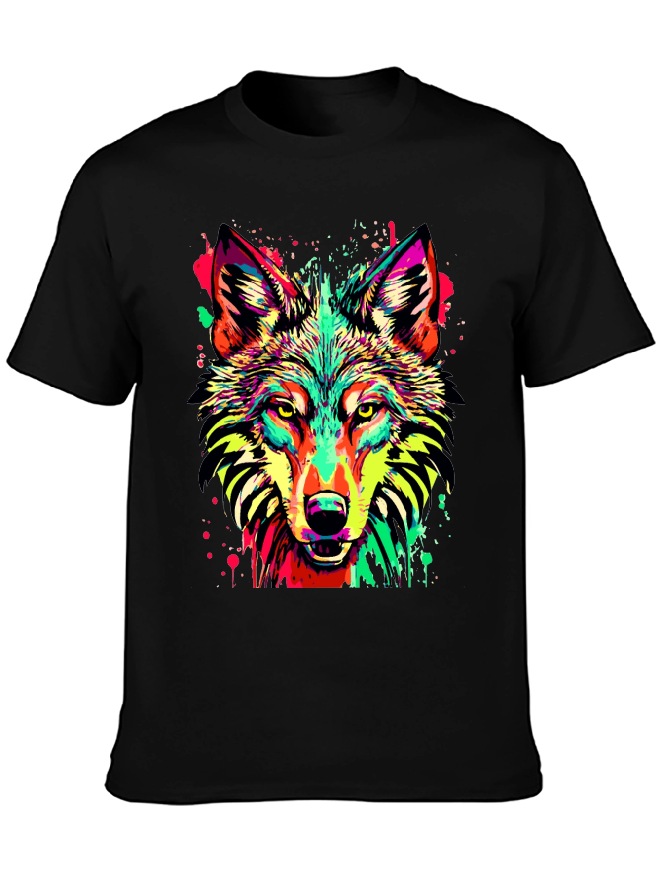Vibrant Wolf Graphic Print Black T-Shirt