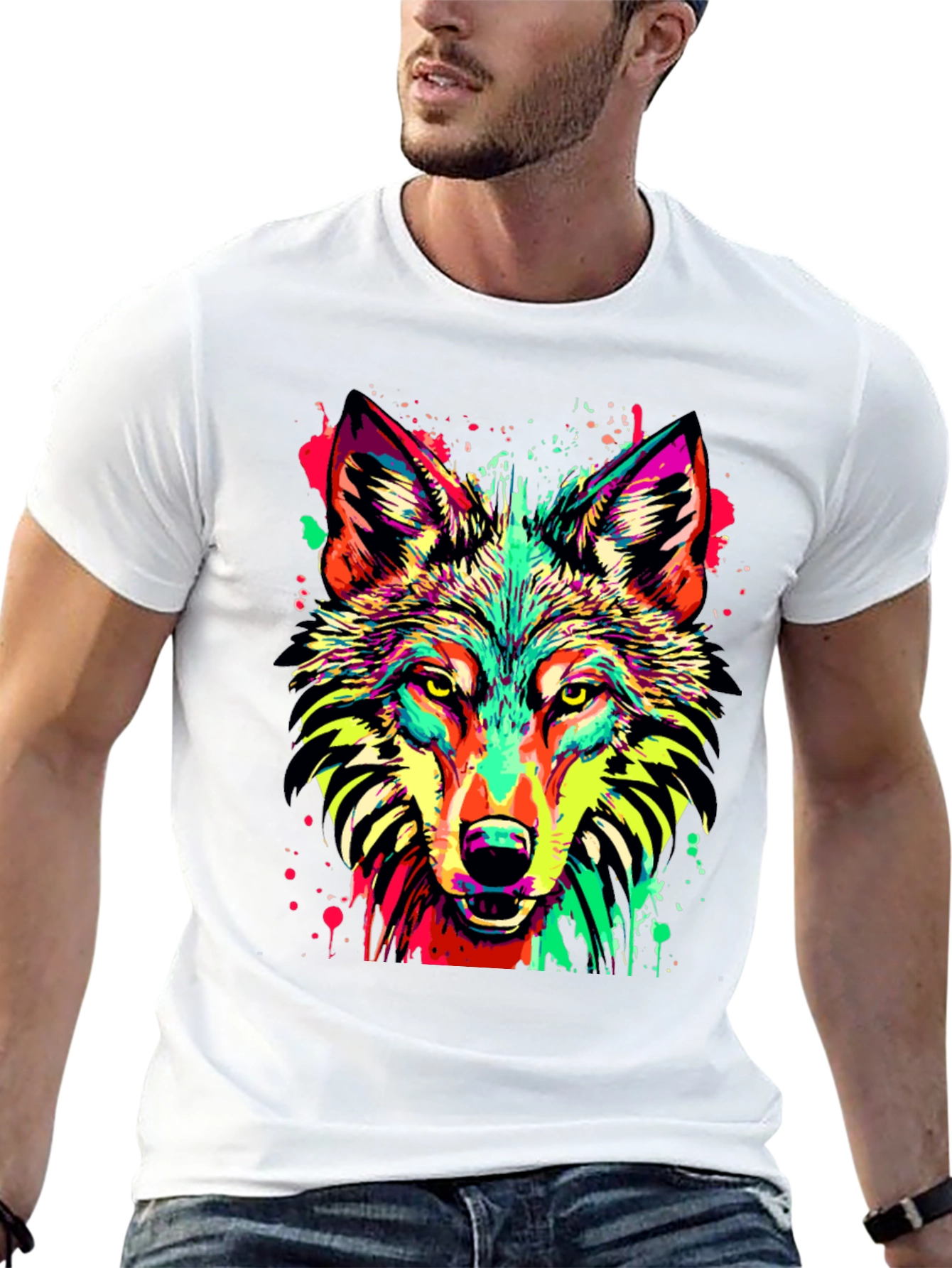 Vibrant Wolf Graphic Print Black T-Shirt