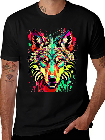 Vibrant Wolf Graphic Print Black T-Shirt
