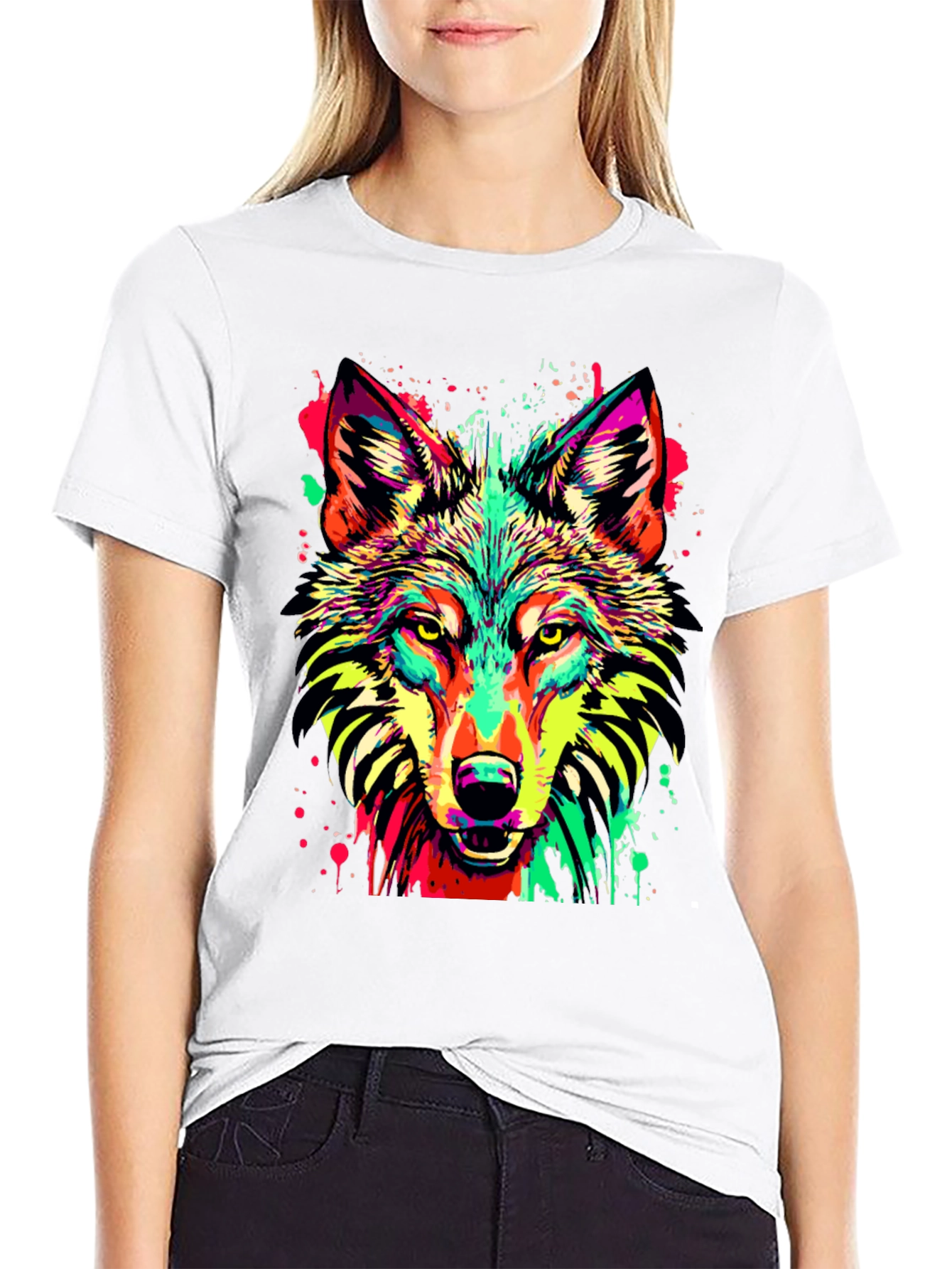 Vibrant Wolf Graphic Print Black T-Shirt
