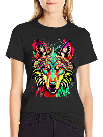 Vibrant Wolf Graphic Print Black T-Shirt