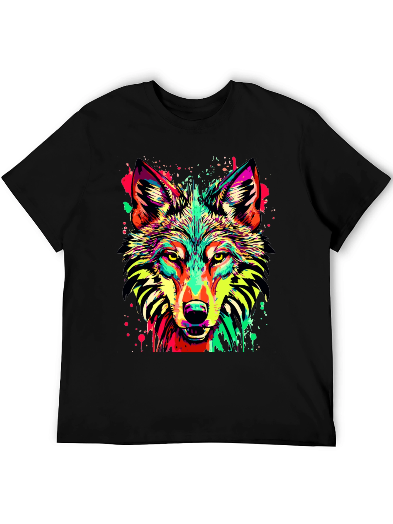 Vibrant Wolf Graphic Print Black T-Shirt
