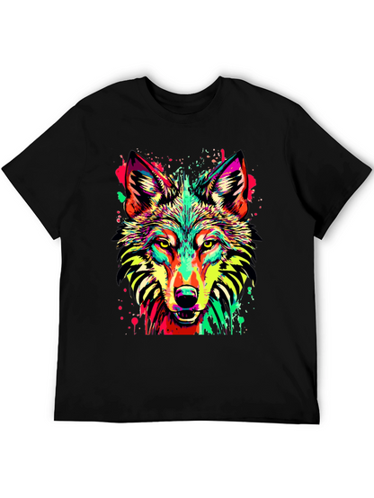 Vibrant Wolf Graphic Print Black T-Shirt