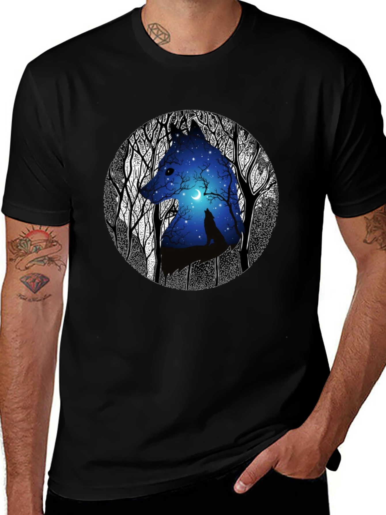 Wolf Silhouette Graphic Print Black T-Shirt