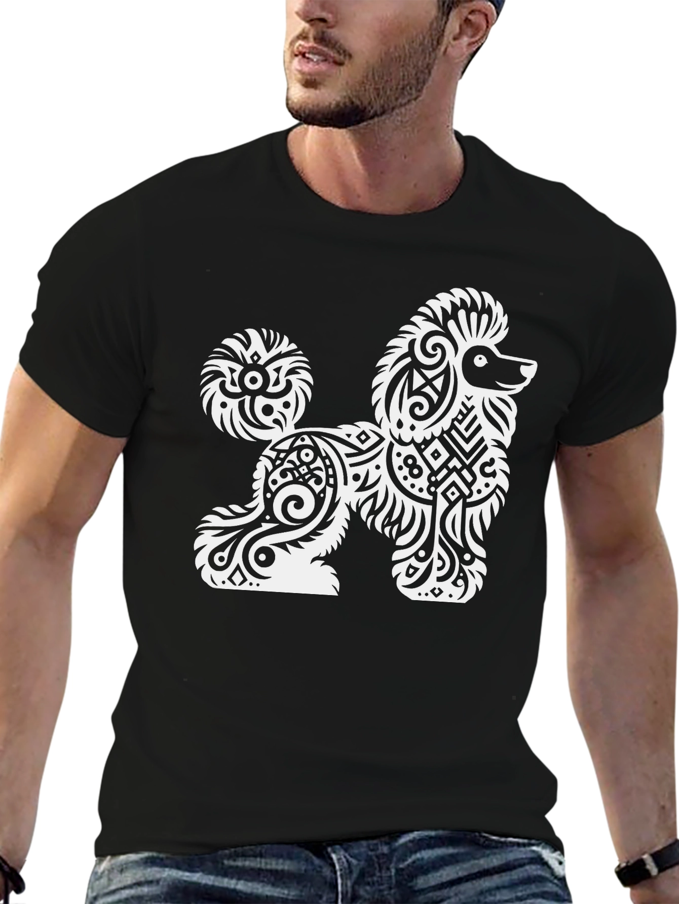 Tribal Poodle Graphic Tee - Stylish Black T-Shirt