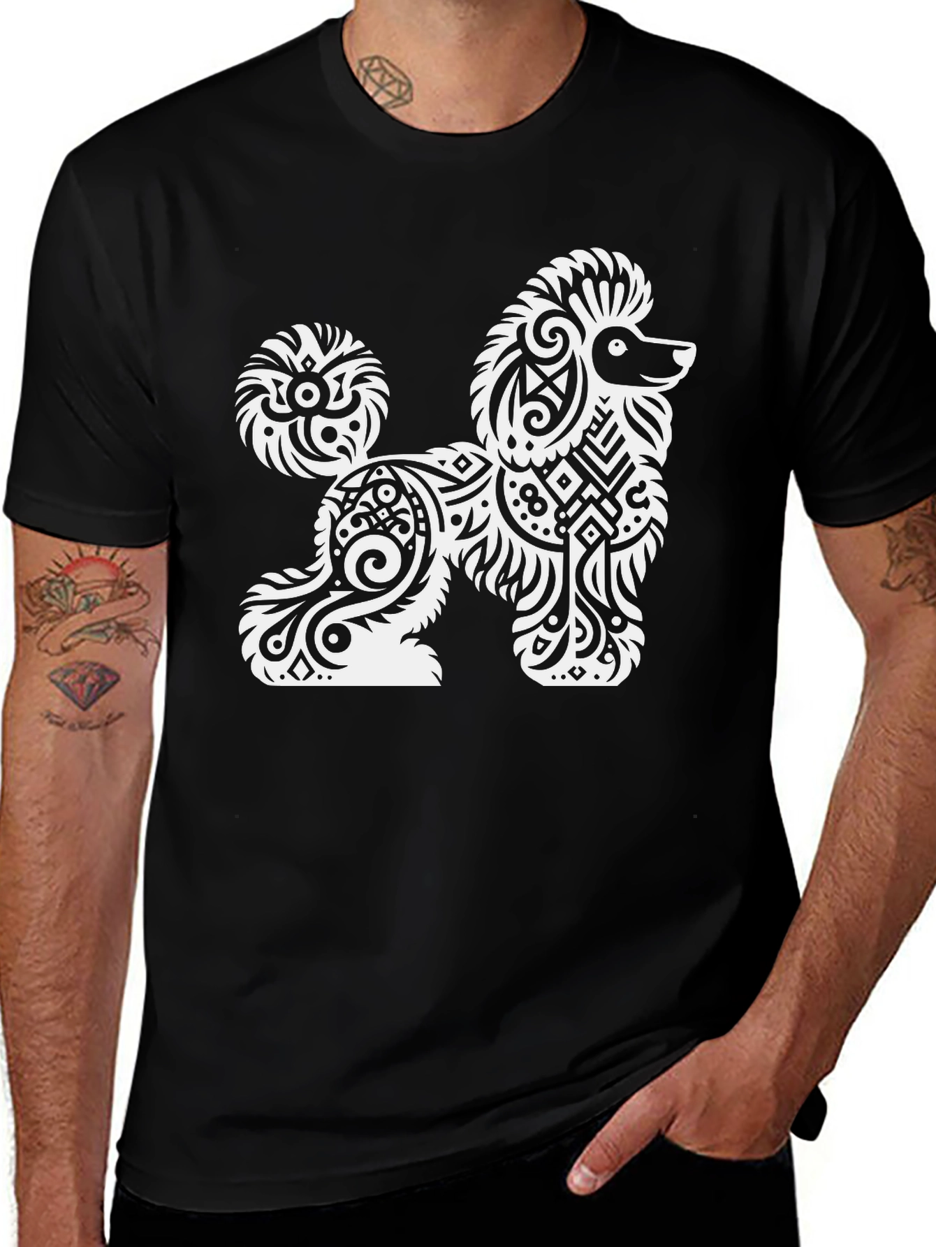Tribal Poodle Graphic Tee - Stylish Black T-Shirt