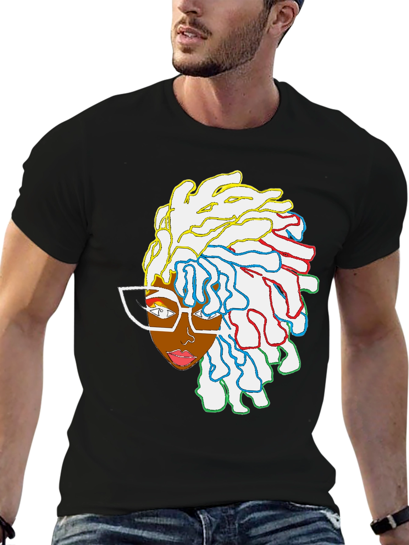 Black T-Shirt with Artistic Woman Graphic