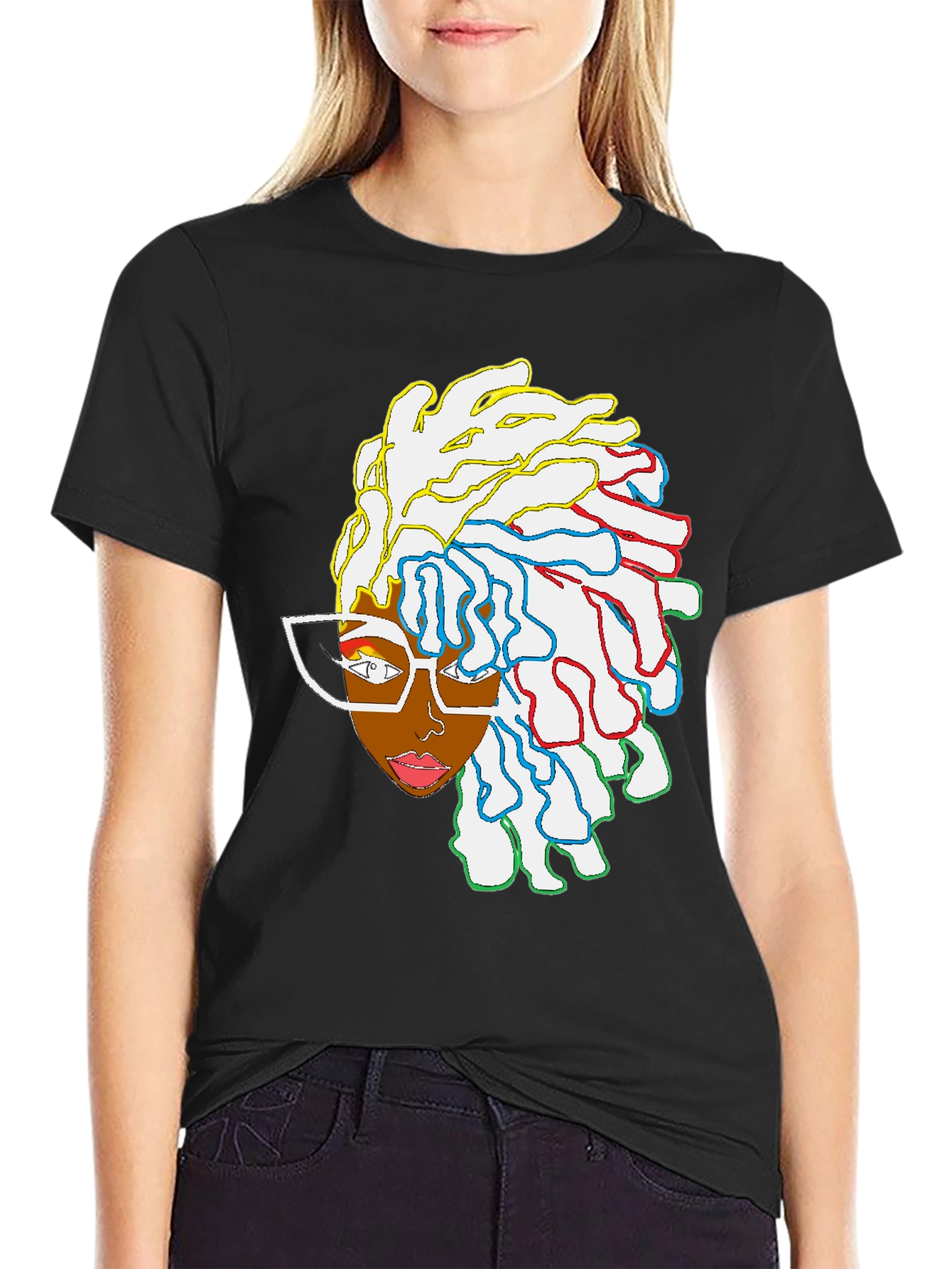 Black T-Shirt with Artistic Woman Graphic