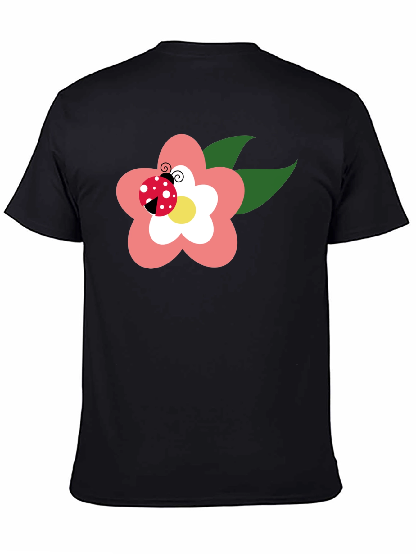 Black T-Shirt with Flower and Ladybug Design