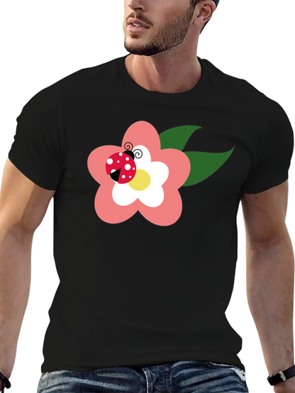 Black T-Shirt with Flower and Ladybug Design