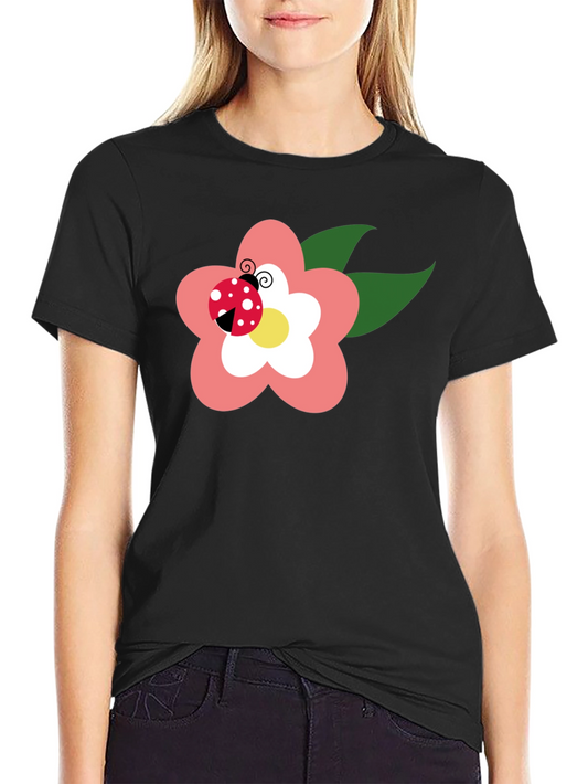 Black T-Shirt with Flower and Ladybug Design