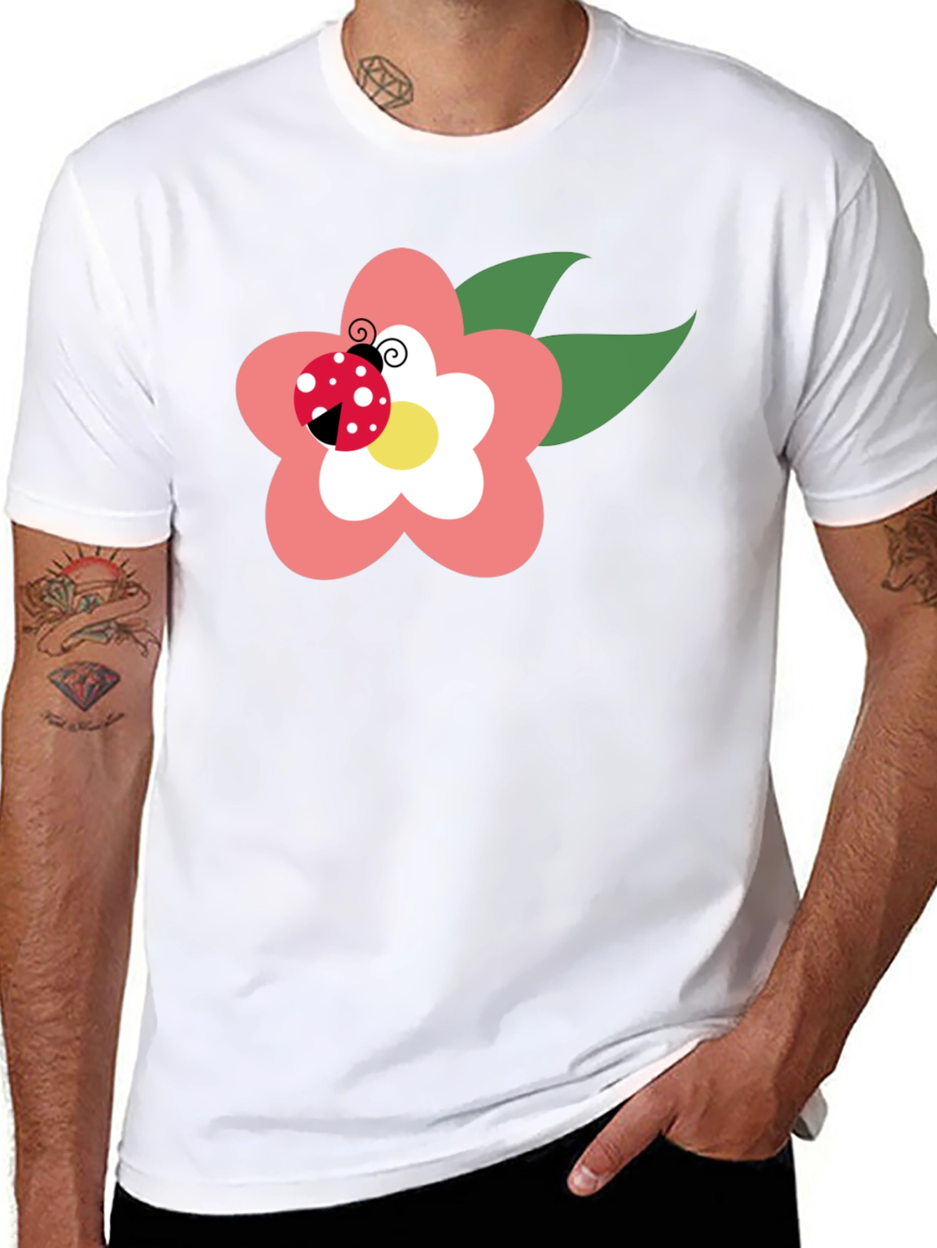Black T-Shirt with Flower and Ladybug Design