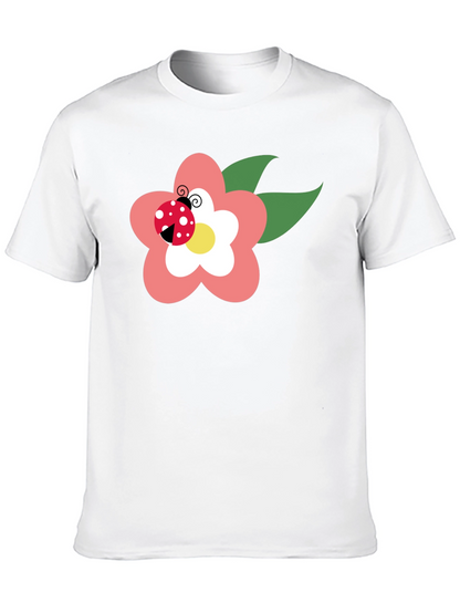 Black T-Shirt with Flower and Ladybug Design