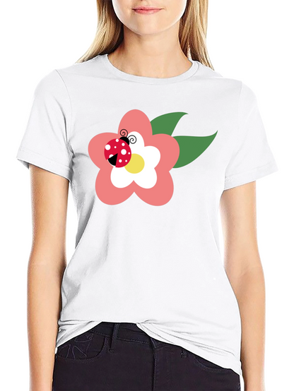 Black T-Shirt with Flower and Ladybug Design