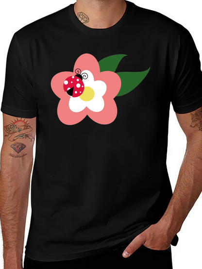 Black T-Shirt with Flower and Ladybug Design