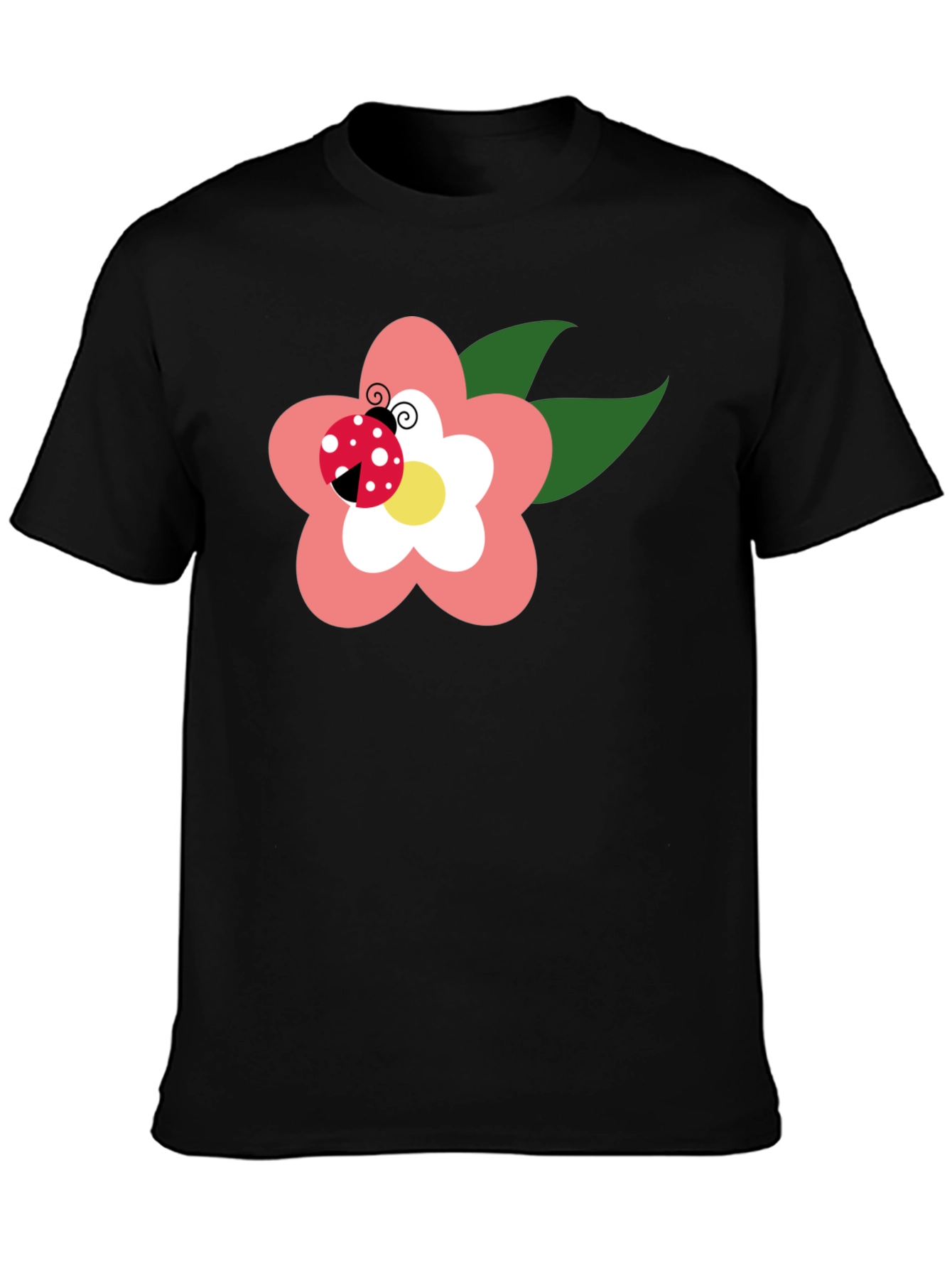 Black T-Shirt with Flower and Ladybug Design