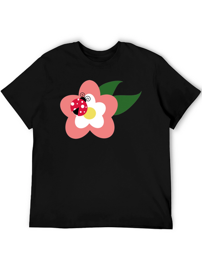 Black T-Shirt with Flower and Ladybug Design