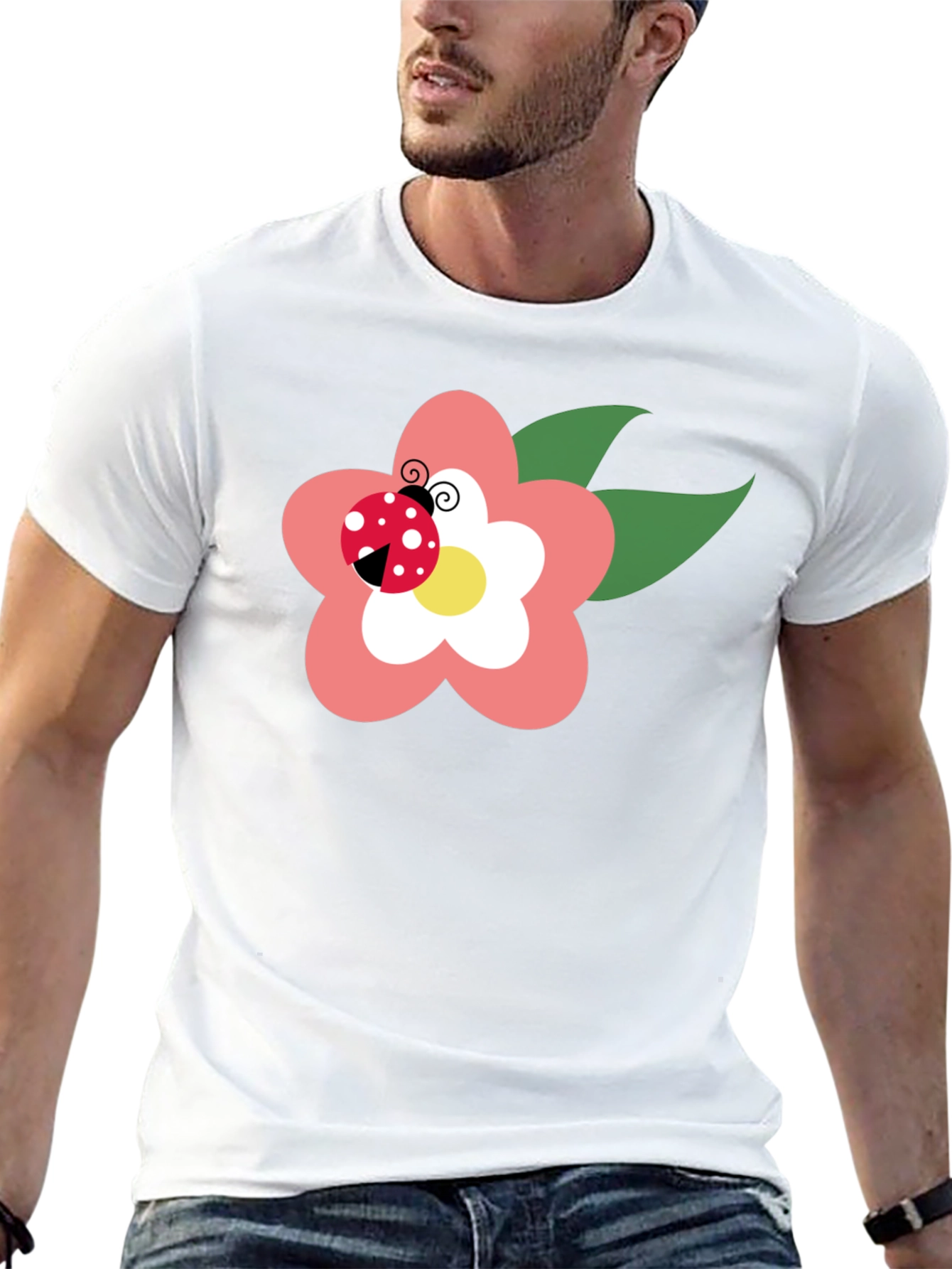 Black T-Shirt with Flower and Ladybug Design