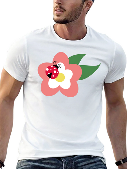 Black T-Shirt with Flower and Ladybug Design