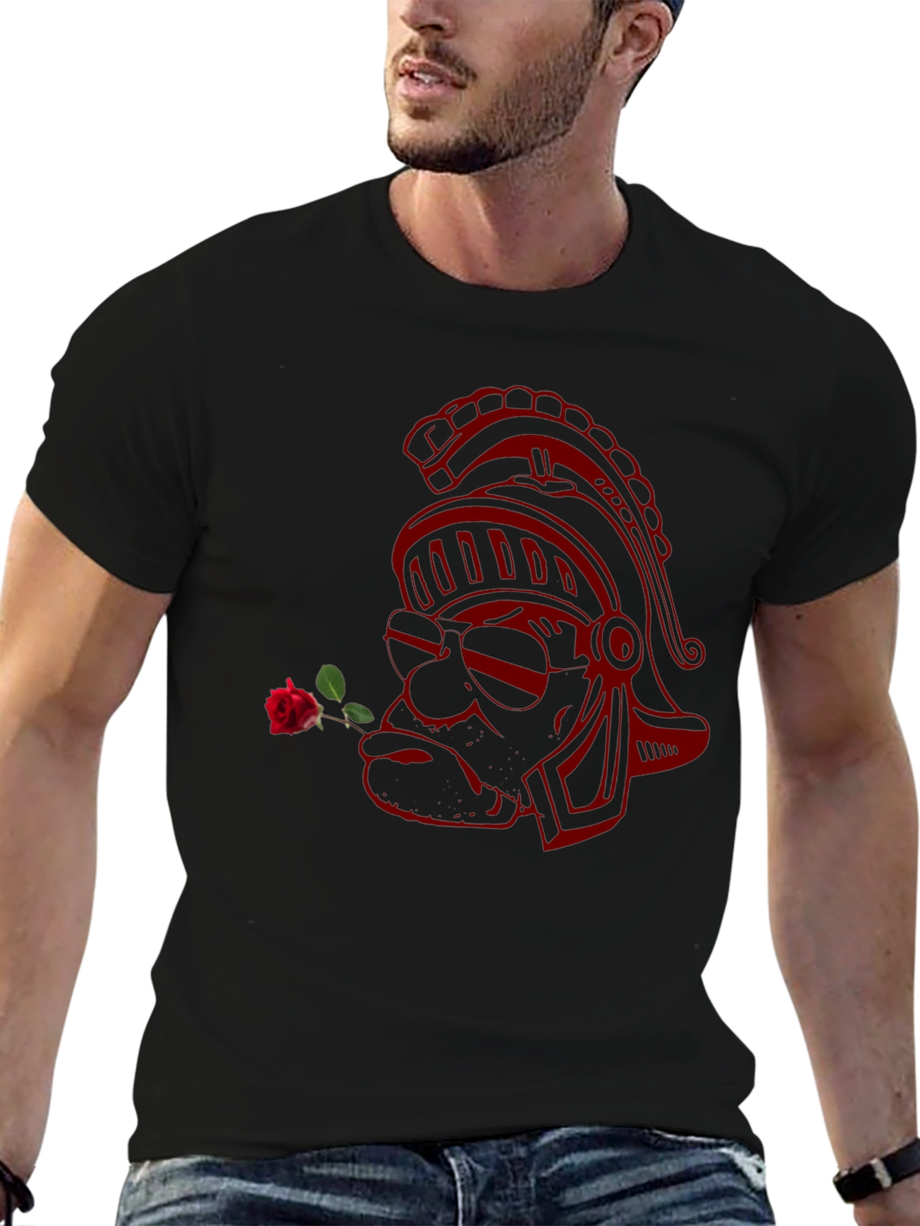 Black Tee with Red Gladiator Rose Design