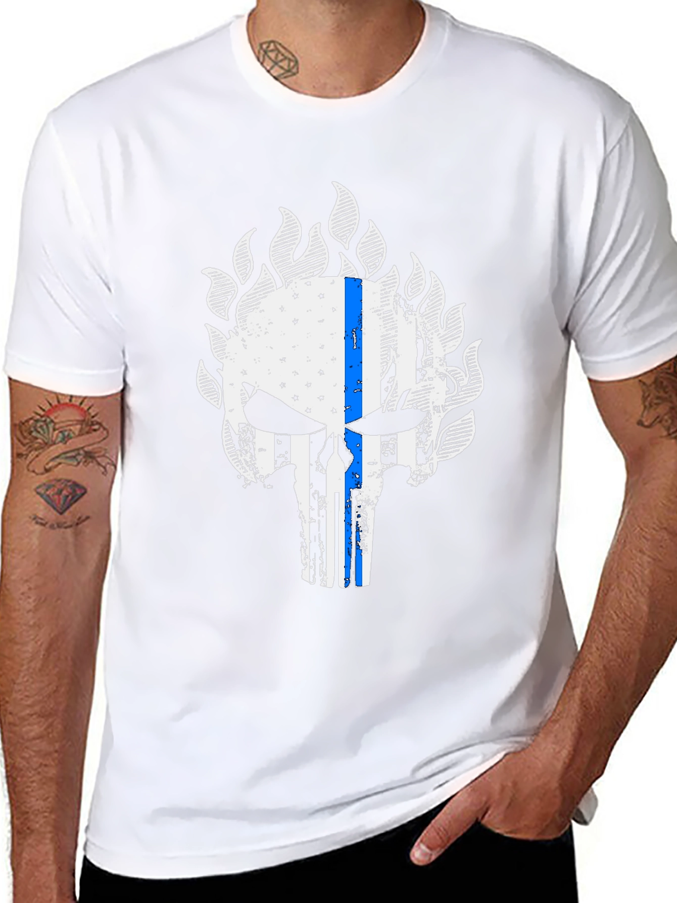 Thin Blue Line Skull Graphic T-Shirt