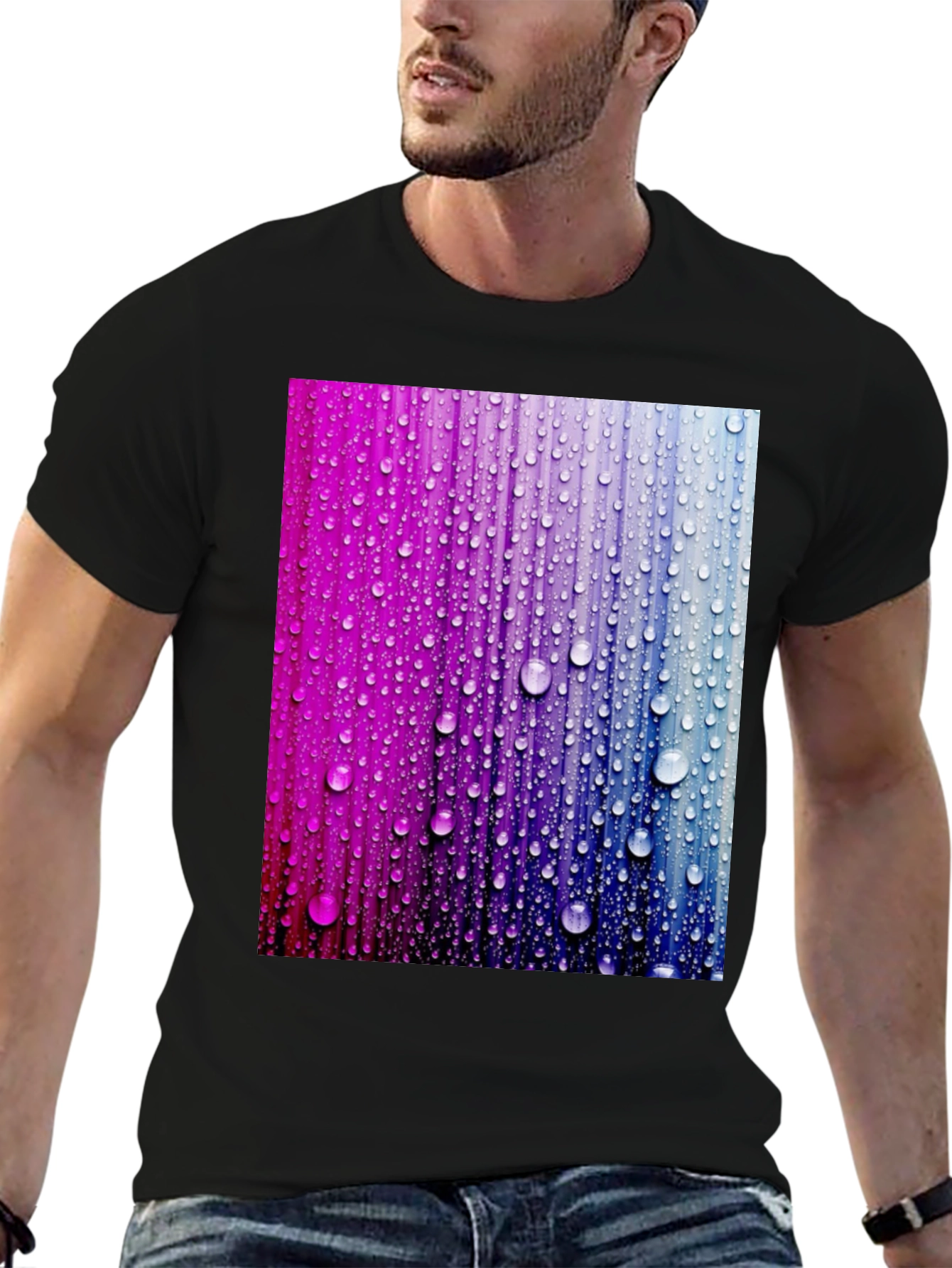 Vibrant Raindrop Graphic Tee - Black Cotton T-Shirt