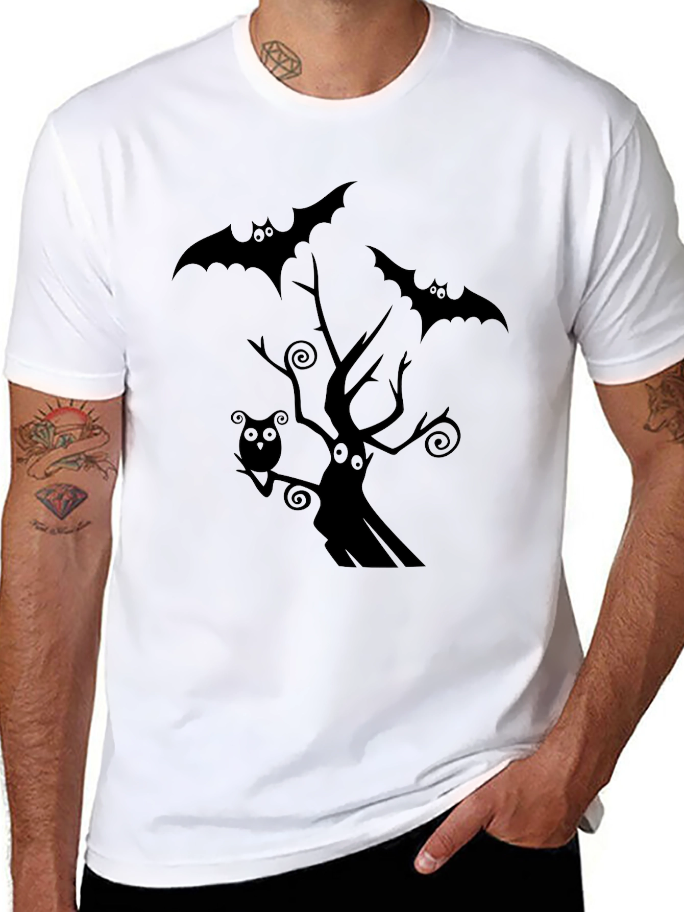 Spooky Halloween Graphic Tee - Bats & Tree