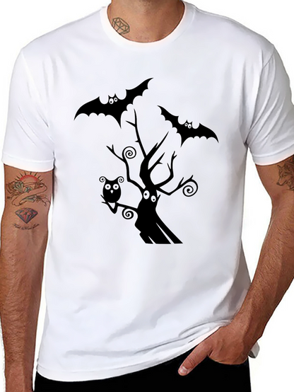 Spooky Halloween Graphic Tee - Bats & Tree